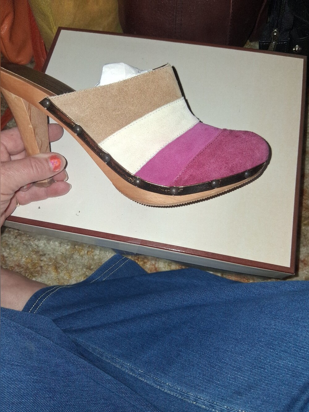 Coach Y2K Katy Patchwork Suede Clog Mule - Pink/Tan/Beige Cream